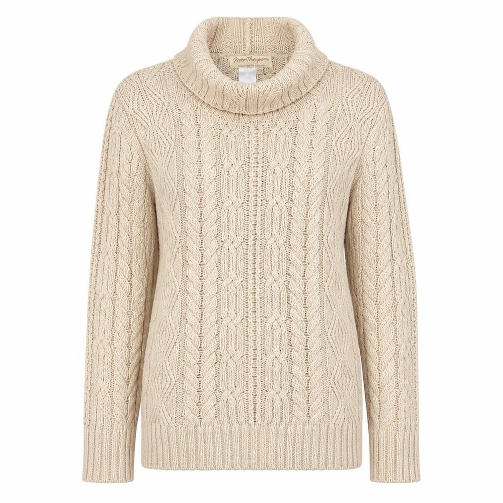 VTG Norm Thompson Sweater Womens M Beige Cable Knit Cottagecore Cowl Fisherman